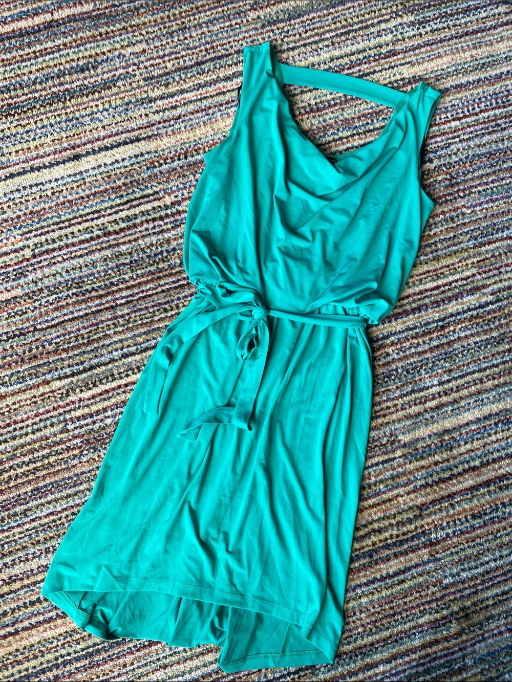 Enfocus Studio Teal Green Sleeveless High-Low Cowl Neck Dress with Belt
